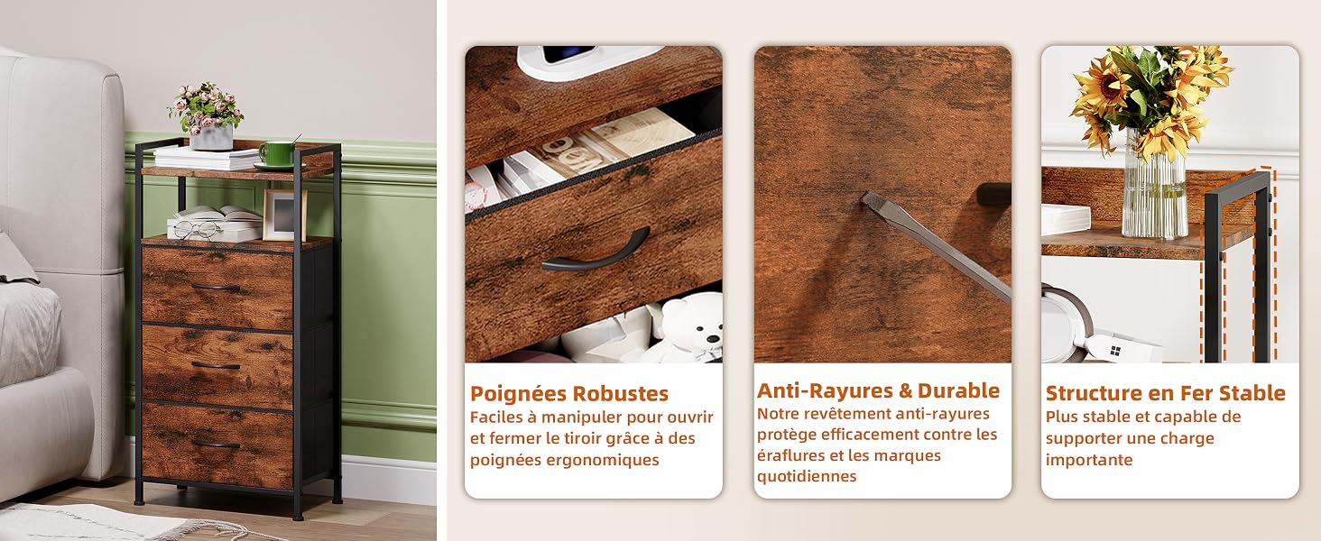 Composite montrant des meubles en bois et des détails de design. Le texte indique « Poignées robustes », « Anti-Rayures &amp; Durables » et « Structure en Fer Stable ». Armoire de rangement en grain de bois brun avec étagères exposées à côté d'échantillons de texture rapprochés et de styles d'arrangements floraux.