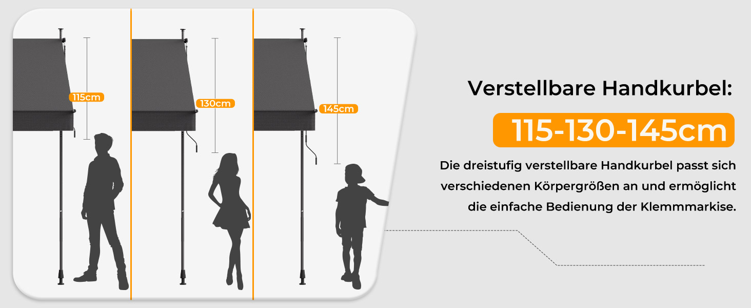 Der Text lautet „115-130-145 cm“. Technisches Diagramm, das die Silhouetten stehender Figuren aus verschiedenen Blickwinkeln zeigt und die Mess- oder Größenangaben veranschaulicht.