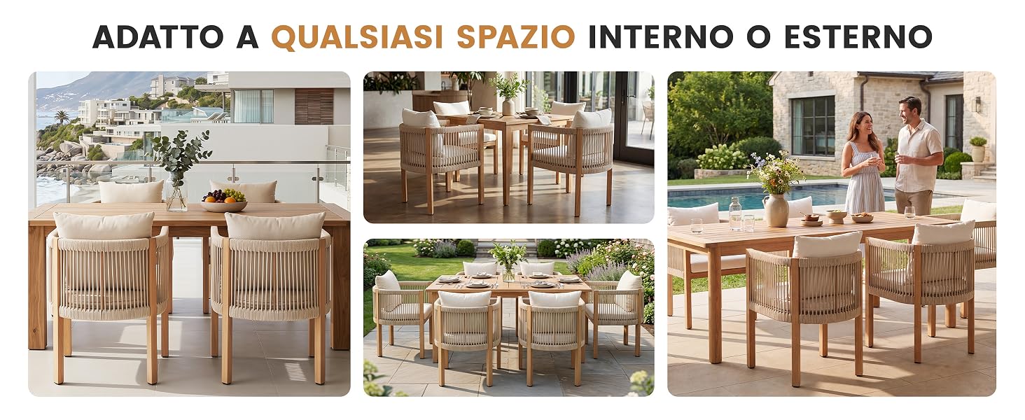 Il testo dice 'ADATTO A QUALSIASI SPAZIO INTERNO O ESTERNO'. Tre pannelli orizzontali che mostrano la collocazione di mobili e decorazioni in legno in vari ambienti interni, tra cui salotti, sale da pranzo e spazi esterni.