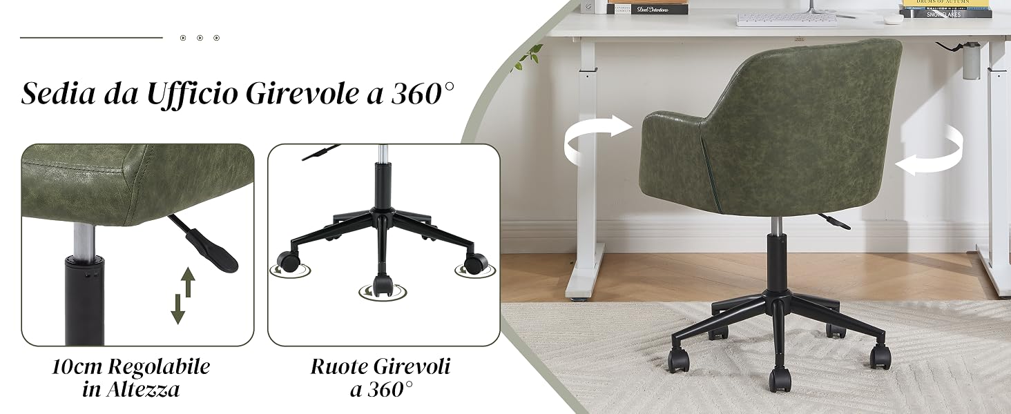 Il testo recita «Sedia da Ufficio Girevole a 360°», «Divisa Regolabile», «Roma Girevoli». Visualizzazioni multiple di una sedia da ufficio con varie angolazioni e funzioni di regolazione.