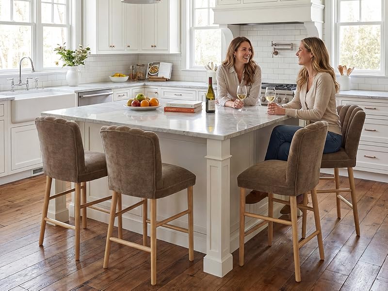 Intérieur de cuisine blanc moderne avec un grand îlot central, des tabourets de bar rembourrés bruns, des comptoirs en marbre et un éclairage naturel provenant des fenêtres. Configuration de l'espace de rassemblement social.