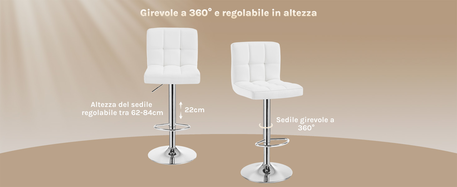 Due sgabelli da bar regolabili bianchi con schienali e sedili imbottiti. Basi e poggiapiedi cromati. Altezza regolabile da 62 a 84 cm