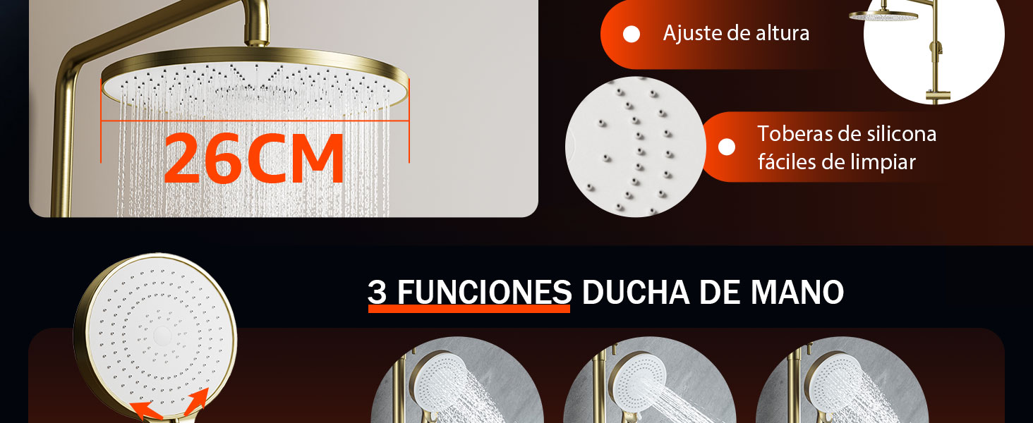 El texto dice «26 CM» y «3 FUNCIONES DUCHA DE MANO». El diagrama del producto muestra un cabezal de ducha portátil con tres modos diferentes de función de rociado ilustrado.