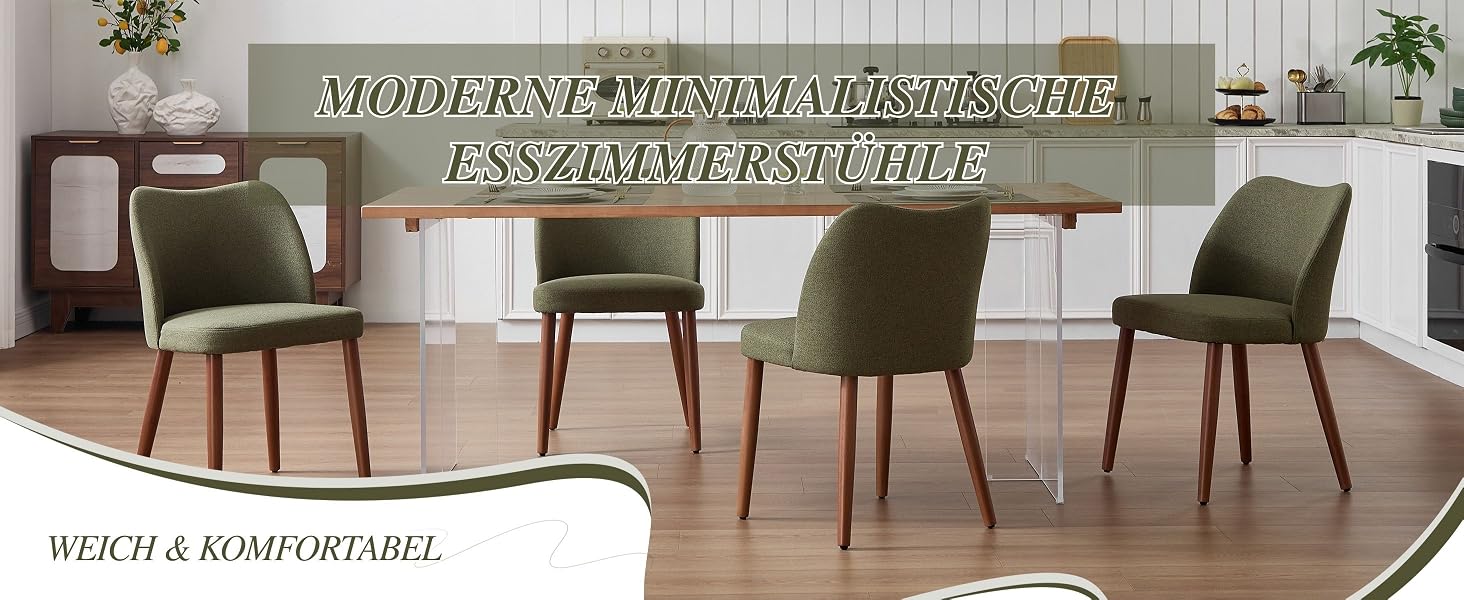 Der Text lautet „MODERNE MINIMALISTISCE ESSZIMMERSTUHLE“ und „WEICH & KOMFORTABEL“.