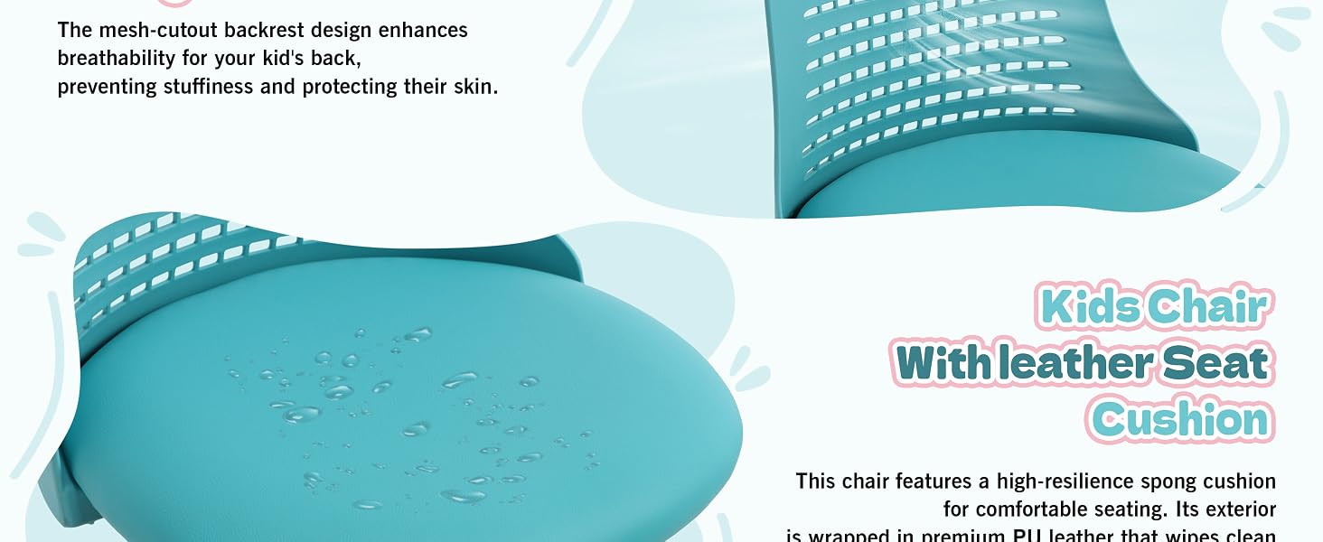 Text reads: 'With leather seat' Shows blue cushioned seat product from multiple angles with descriptive text about design features.