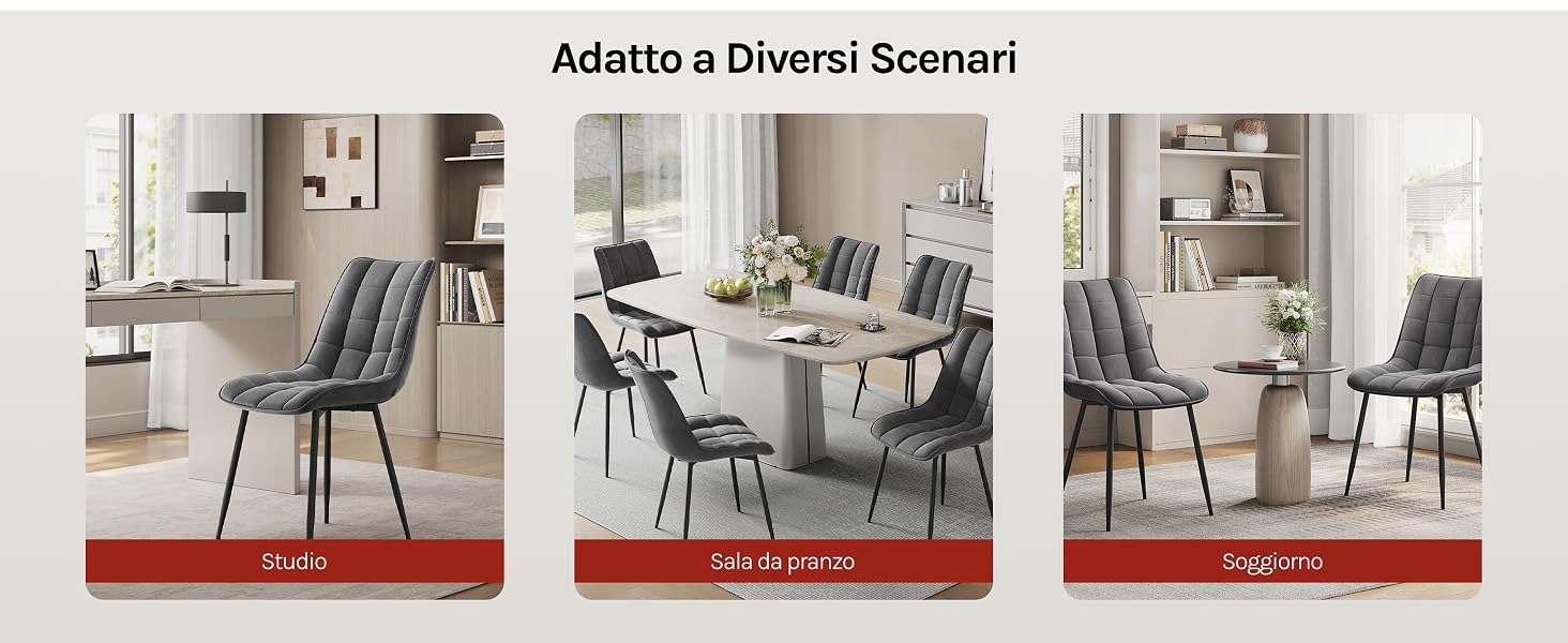 Serie di immagini di prodotti di arredamento che mostrano sedie e tavoli da pranzo moderni in una combinazione di colori neutri con rivestimento grigio ed elementi in legno.