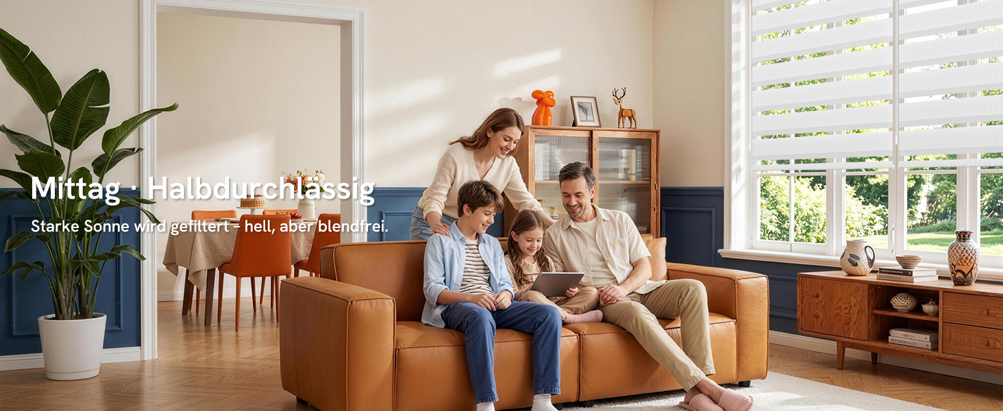 Der Text lautet „Mittig - Einführung - Strand“. Vierköpfige Familie sitzt auf braunen gepolsterten Sitzgelegenheiten im hellen Wohnzimmer mit sichtbaren Fenstern, Pflanzen und natürlichem Licht.