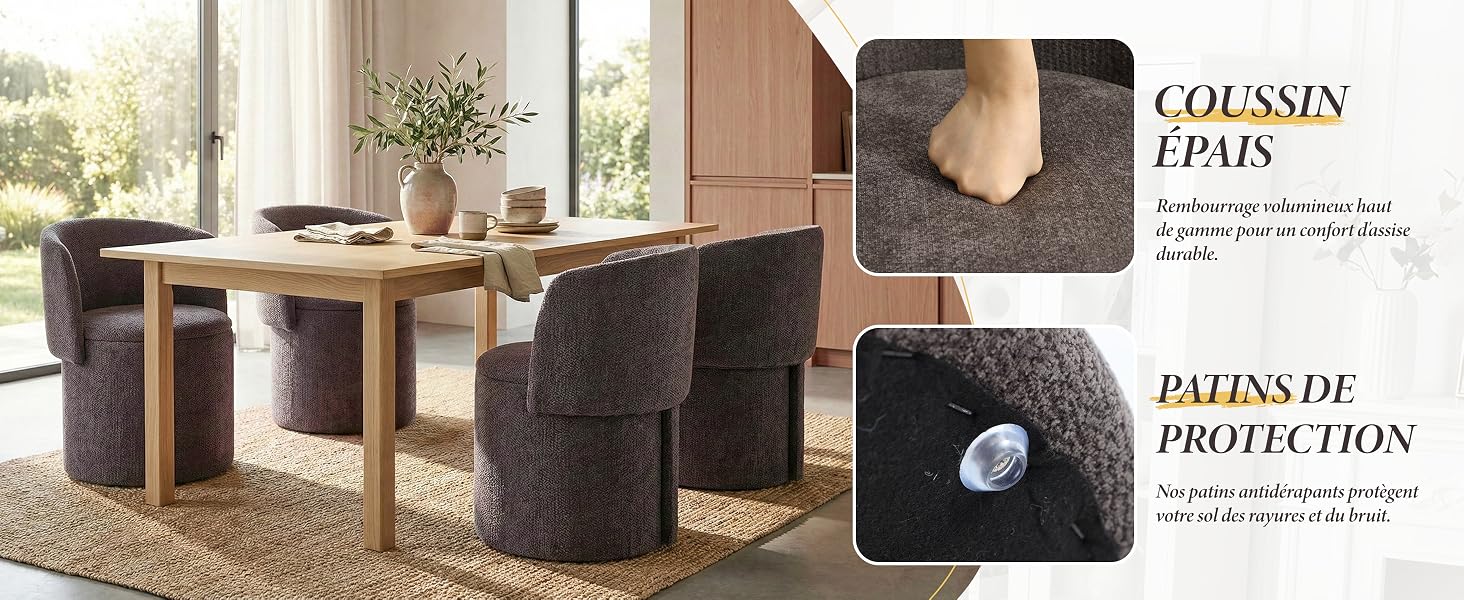 Le texte indique « COUSSIN EPAIS » et « PATINS DE PROTECTION ». Répétition de l'image 2 montrant des poufs rembourrés foncés autour d'une table en bois dans le salon.