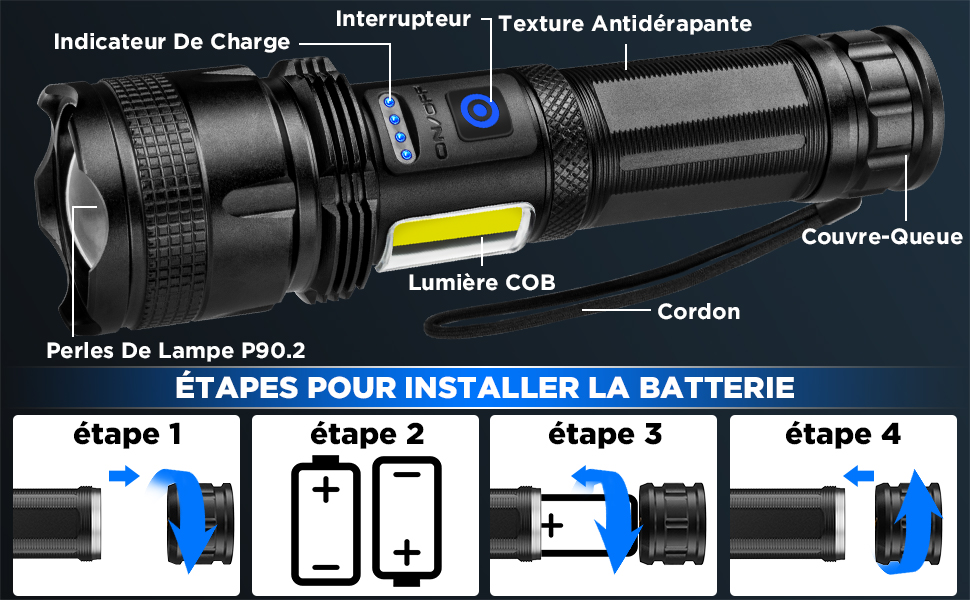avec des étiquettes en français indiquant les étapes d'installation de la batterie et les détails des composants, y compris la lumière COB et la texture antidérapante
