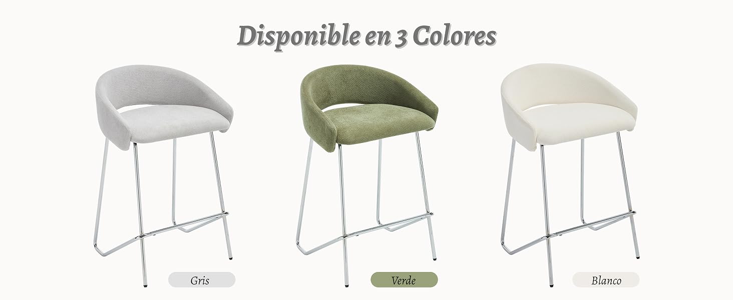 El texto dice «Disponible en 3 colores». Se muestran tres taburetes de bar en diferentes colores: gris, verde oliva y crema, cada uno con respaldos curvos y patas de metal.
