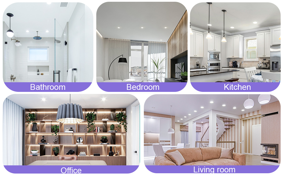 Collage of five modern interior spaces showing a minimalist bathroom, bedroom, kitchen, home office with shelving, and living room with coordinated design elements.