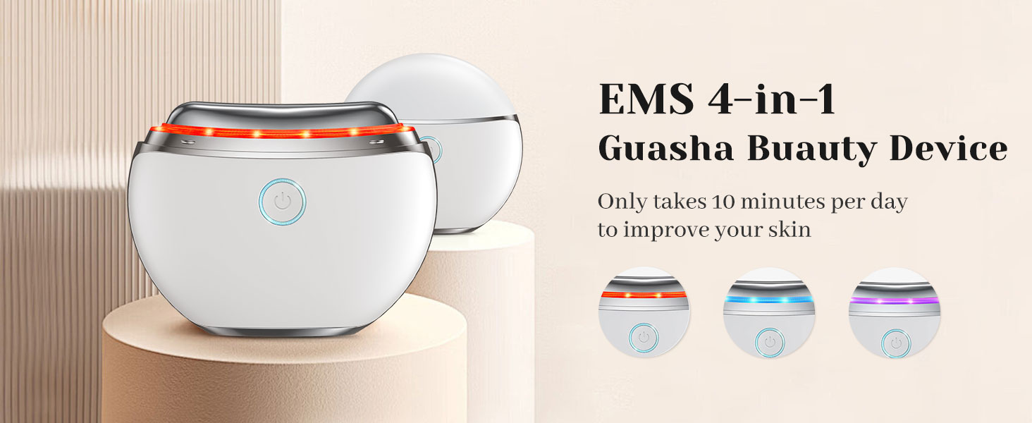 Weißes sphärisches EMS 4-in-1-Guasha-Schönheitsgerät mit metallischen Akzenten und mehreren Befestigungsköpfen