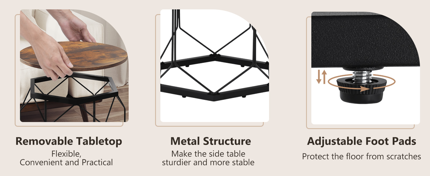 Three-panel image showcasing a table: removable tabletop, metal structure, and adjustable foot pads for stability.