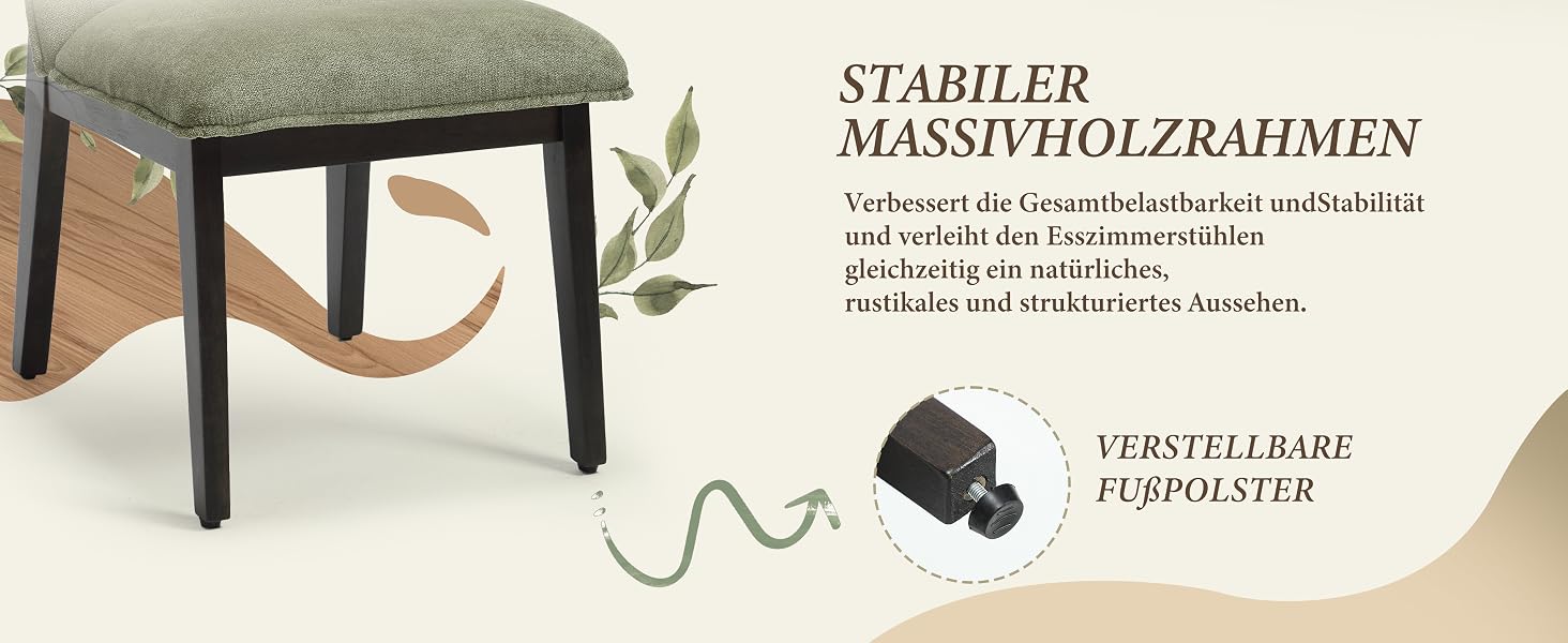 Der Text lautet „STABILER MASSIVHOLZRAHMEN“ und „VERSTELLBARE FUSSPOLSTER“. Das Bild zeigt einen schwarz gerahmten gepolsterten Hocker mit grün strukturierter Sitzfläche, dekorativem Laubzweig und Detailbildern von verstellbaren Füßen und Verbindungselementen.