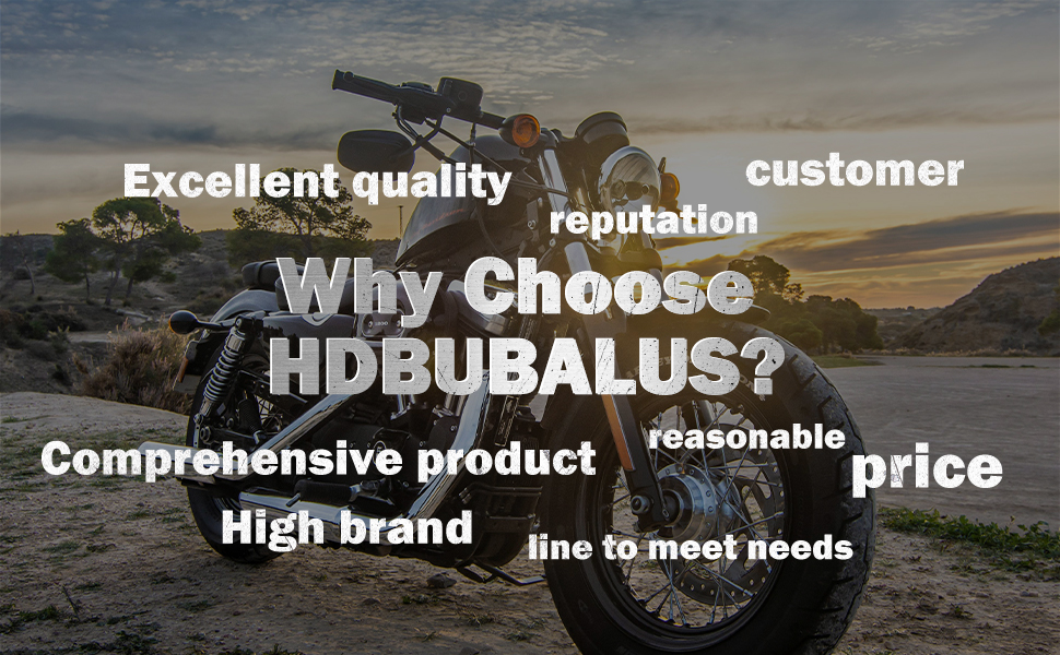 Marketing infographic for HDBUBALUS brand highlighting quality, reputation, price, and product comprehensiveness against sunset motorcycle background.