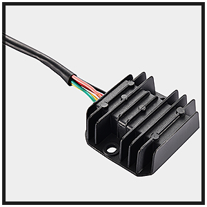 Black rectangular voltage regulator with cooling fins and five colored wires protruding from one end, isolated on white background.
