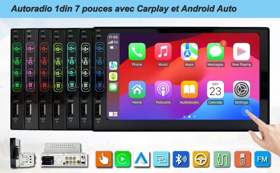 Autoradio 1 Din avec Apple CarPlay et Android Auto