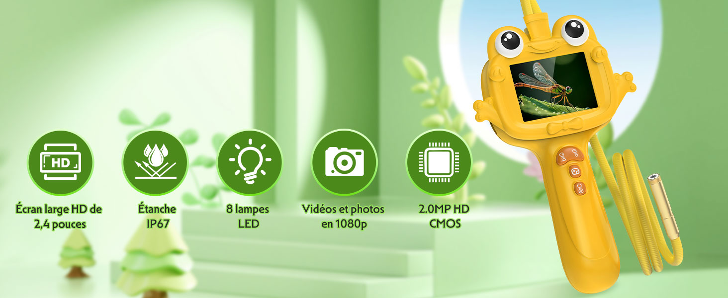 Le texte indique « Écran LCD Energiespaarder Elegante Design Handig handige Meertalige » avec fond vert et motifs végétaux. Humidimètre numérique jaune et noir avec écran LCD illustré par cinq icônes de fonction ci-dessous.