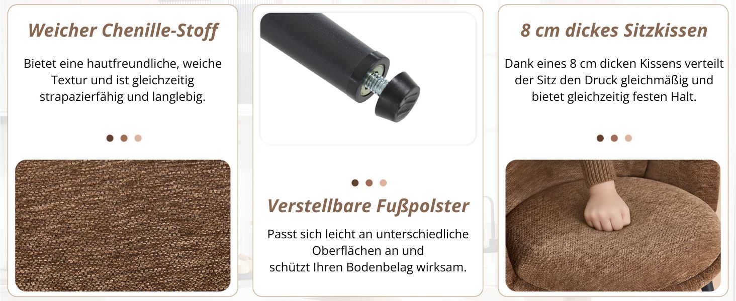Der Text lautet: „Weicher Chenille-Stoff“, „8 cm dickes Sitzkissen“, „Verstellbares Fußpolster“. Ein weiterer Satz identischer brauner Kissenbilder.