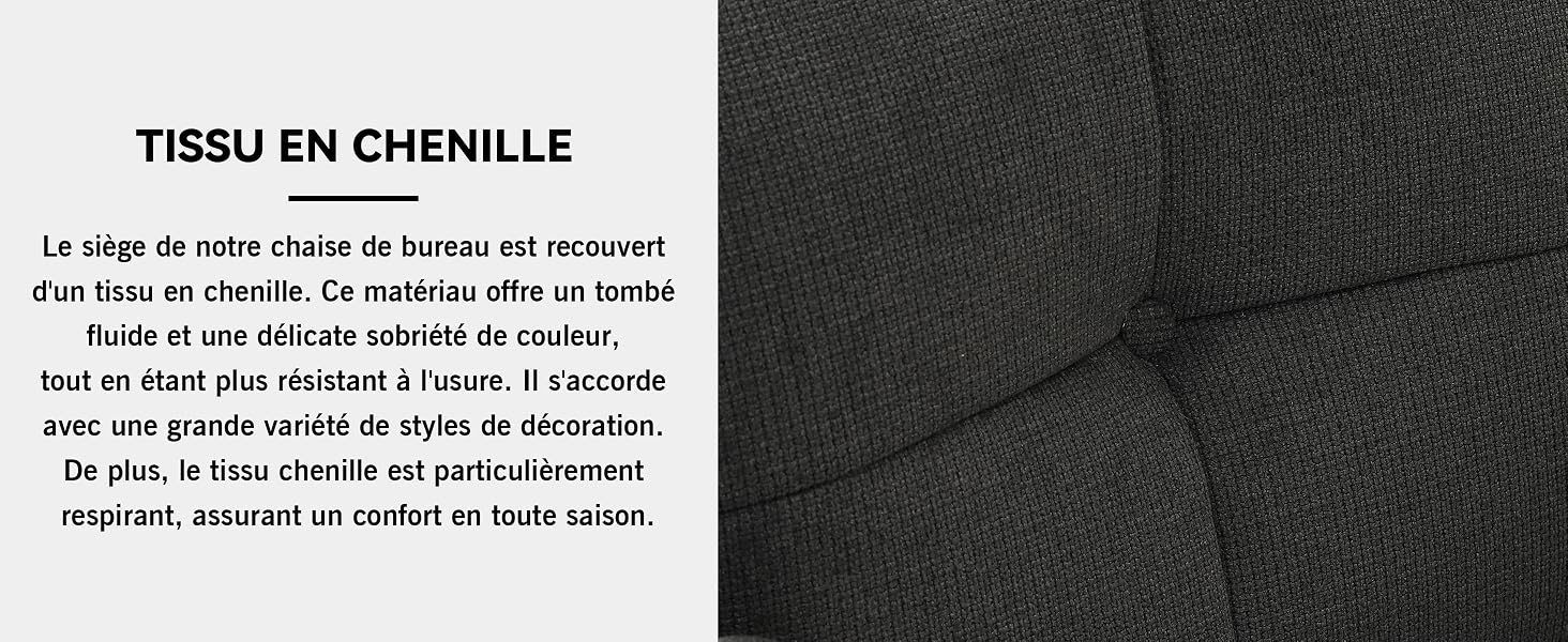 Le texte indique « TISSU EN CHENILLE ». Gros plan d'un tissu chenille texturé foncé, montrant sa texture de surface moelleuse et veloutée.