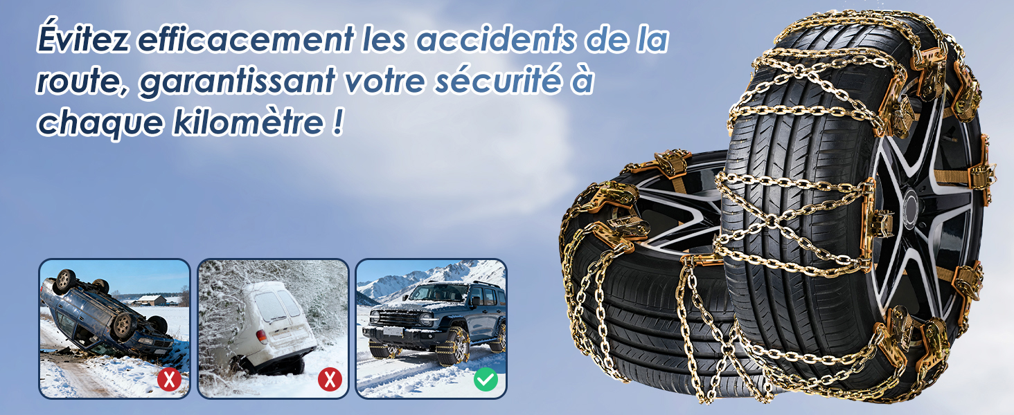 Le texte se lit comme suit : « Évitez efficacement les accidents de la... ». Des chaînes à neige pour pneus de véhicules sont montrées en cours d'utilisation et des photos du produit, avec des schémas d'installation et des icônes de certification de sécurité.
