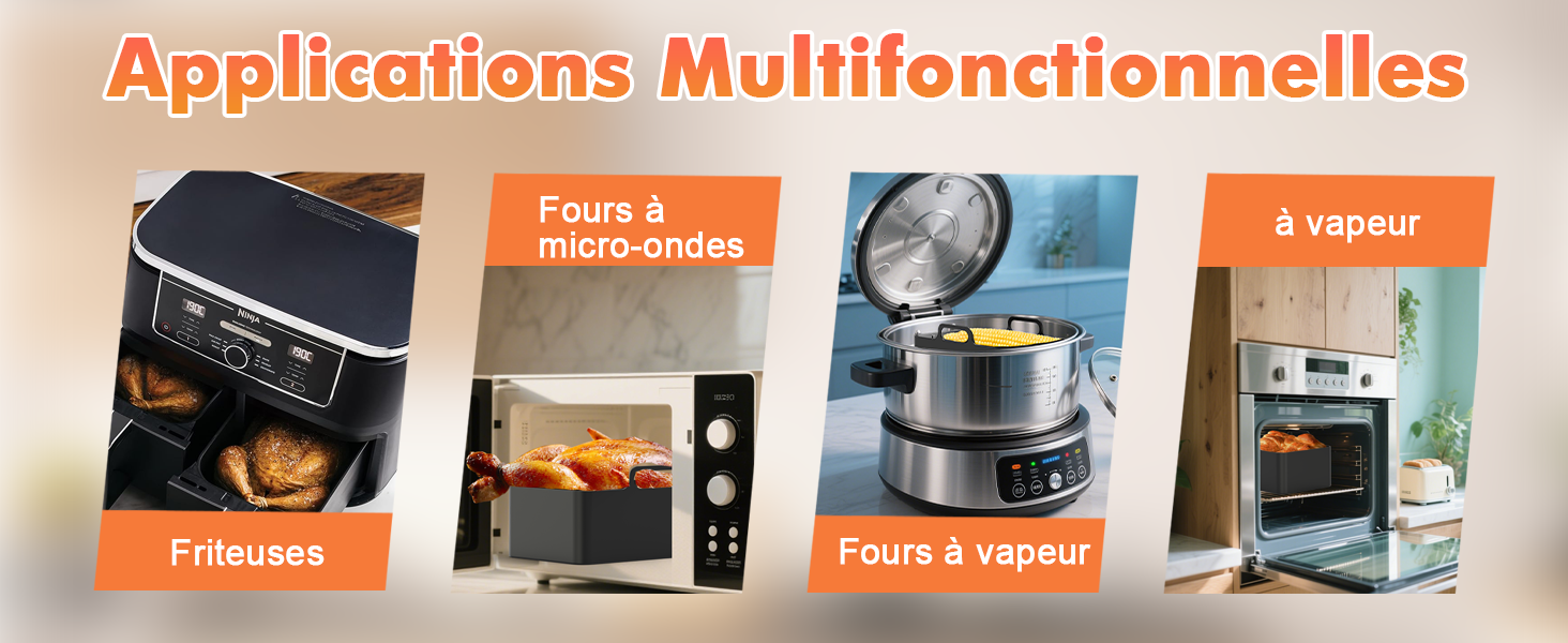 Le texte se lit comme suit : « Applications multifonctionnelles » avec quatre panneaux illustrant les différentes utilisations des appareils de cuisine, notamment « Pour à boîte » et « À vapeur ».