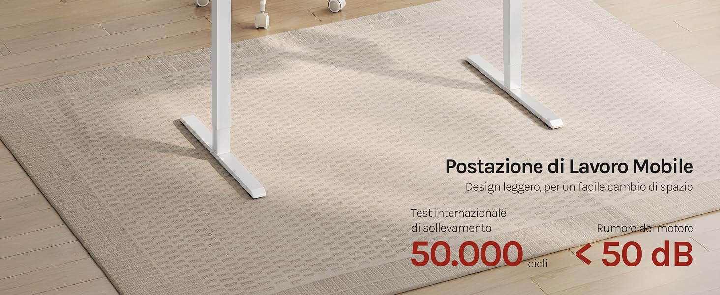 Il testo recita «Postazione di Lavoro Mobile» e «50.000 < 50 dB». L'immagine mostra la struttura di una postazione di lavoro mobile bianca su una superficie del pavimento neutra chiara.