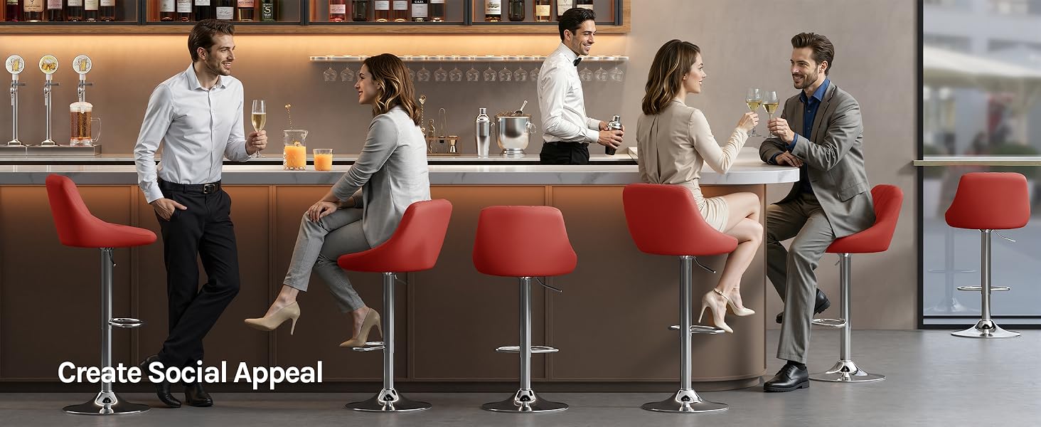 Text reads 'Create Social Appeal.' Group of people socializing at modern bar counter with red seating in contemporary interior space.