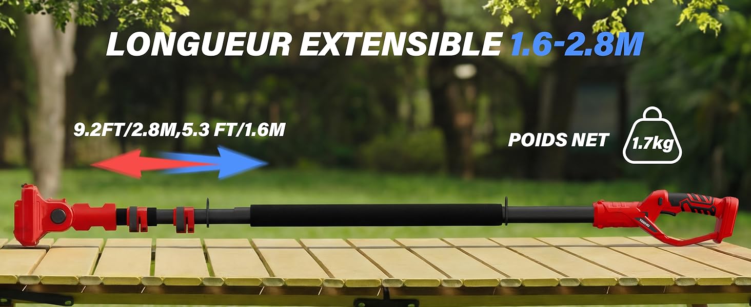 Le texte indique « LONGUEUR EXTENSIBLE 1,6-2,8 M ». Vue depuis le sol de ce qui semble être une barrière extensible ou un appareil de mesure visible sur une surface pavée.