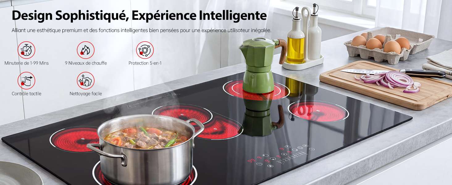 Le texte se lit comme suit : « Design Sophistiqué, Expérience Intelligente ». Plan de travail de cuisine moderne avec plaque de cuisson à induction affichant plusieurs zones de cuisson et commandes numériques avec affichage lumineux rouge.