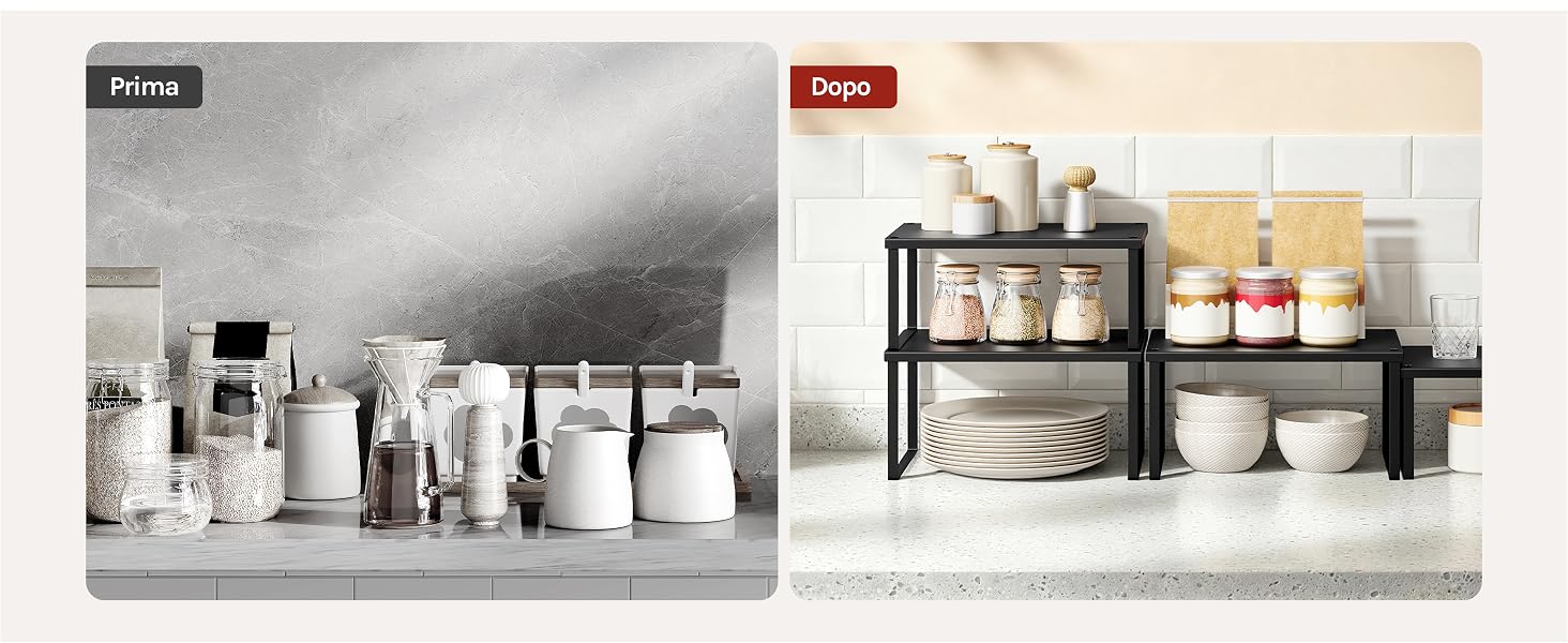 Due espositori per prodotti esposti fianco a fianco. Il ripiano sinistro presenta contenitori e flaconi cilindrici bianchi per la cura della pelle in una disposizione minimalista. Lo scaffale destro espone prodotti cosmetici simili in barattoli di vetro con accenti dorati/champagne.