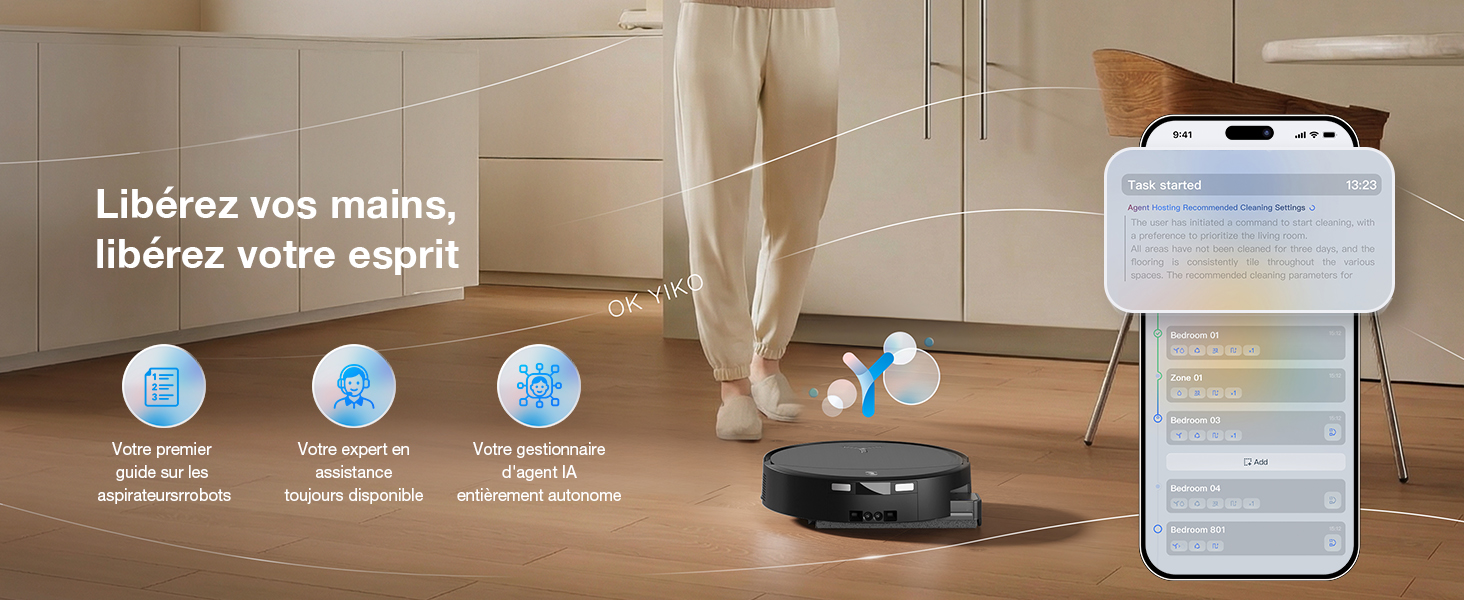 Scène intérieure montrant un aspirateur robot en action, avec des icônes indiquant les différentes caractéristiques et modes de nettoyage.