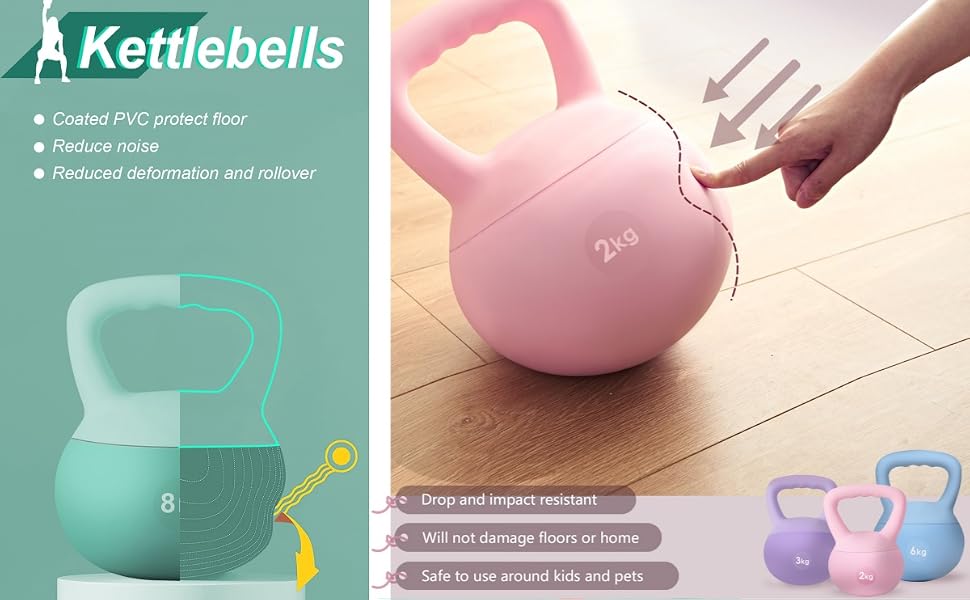 sur le produit Kettlebell montrant des kettlebells roses et violets avec du texte soulignant les caractéristiques de protection du sol et