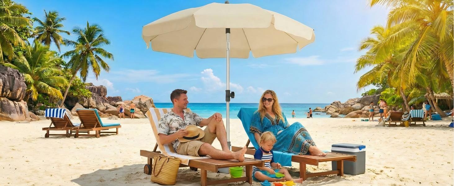 Tropical beach scene with palm trees and white sand, featuring beach chairs and large white umbrella. Turquoise ocean water visible in background.
