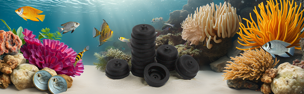 Stack of black ceramic rings in an underwater scene with colorful coral, anemones, and tropical fish. Rings have textured surfaces and varied sizes.