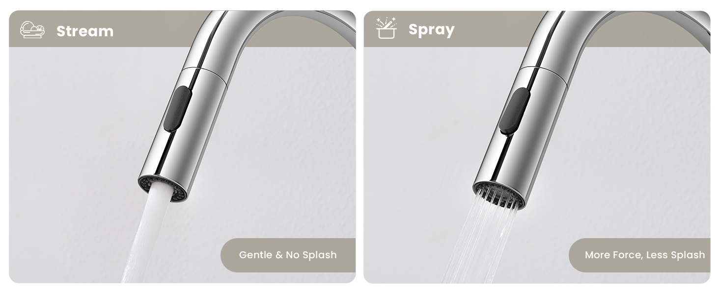Text reads: 'Stream' and 'Spray'. Split image showing two different spray head settings for what appears to be a kitchen or bathroom fixture.