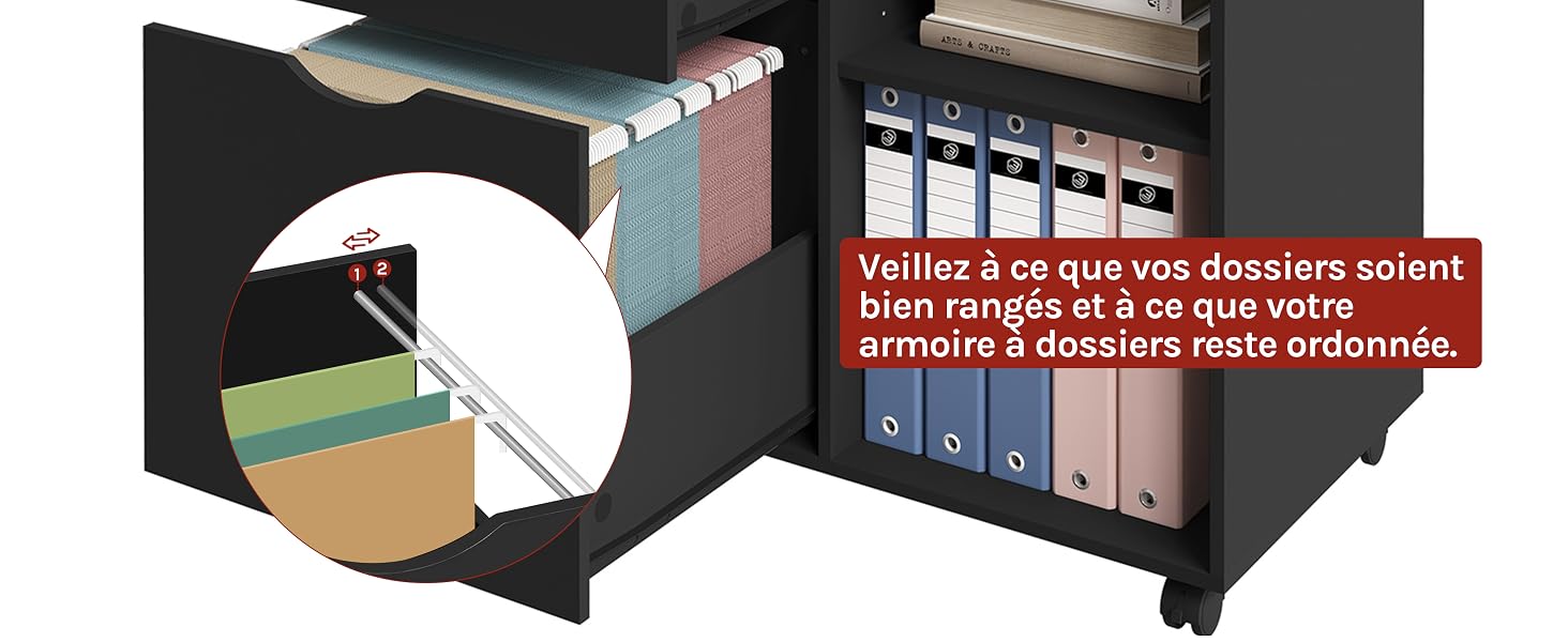 caisson bureau meuble rangement armoire 3 tiroirs 2 compartiments casiers ouverts 5 roulettes mobile