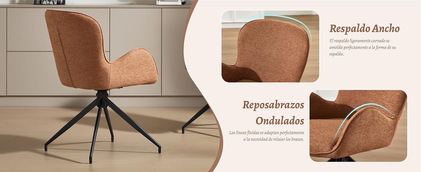El texto dice «Respaldo Ancho». Silla tapizada en color marrón con respaldo ancho que se muestra desde varios ángulos, con elementos de diseño curvos y base de metal negro.