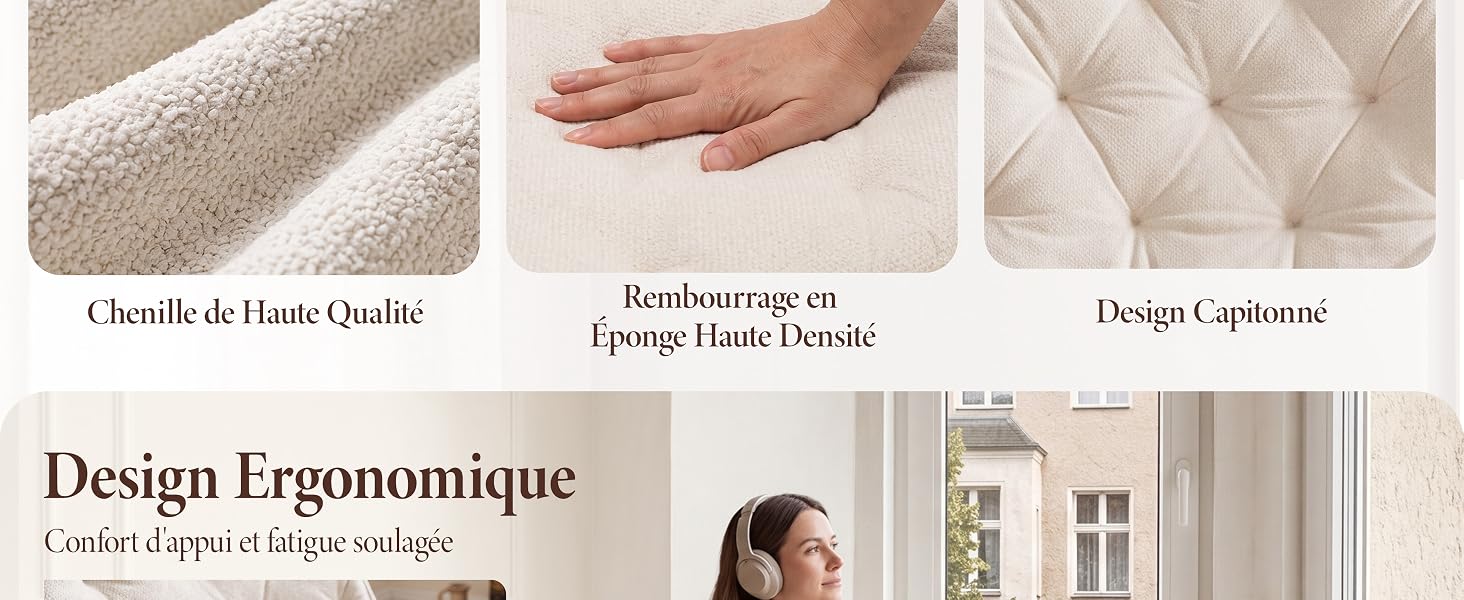 Le texte se lit comme suit : « Cherli di Lino Qualité », « Rembourrage en éponge Haute Densité », « Design Ergonomique », « L'idéal c'est quand Voiture ». Gros plans sur trois matériaux montrant la texture du lin, un rembourrage en éponge dense, un motif matelassé et une femme à la fenêtre avec un oreiller.