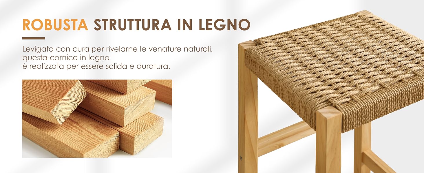 Il testo recita 'ROBUSTA STRUTTURA IN LEGNO'. Sgabello o tavolino in legno raffigurato con dettagli ravvicinati della falegnameria in legno naturale e dettagli costruttivi della superficie intrecciata.