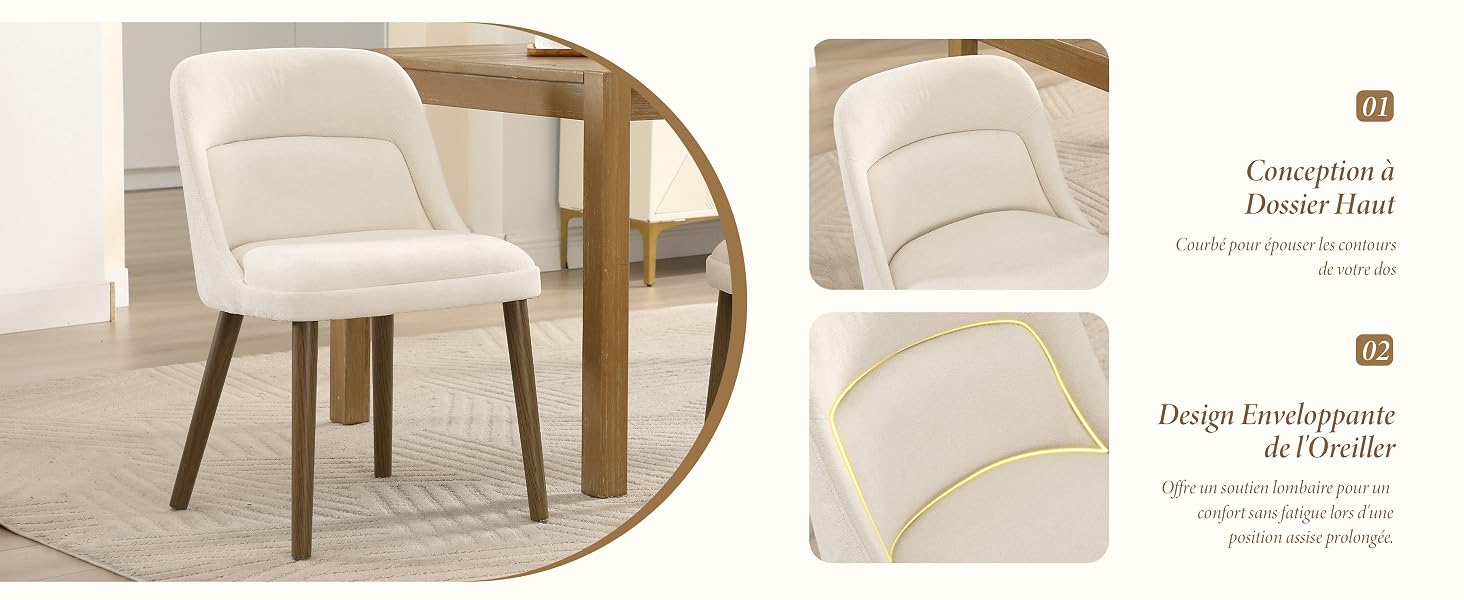 Collection de chaises de salle à manger de couleur crème présentée sous plusieurs angles, avec des sièges et des dossiers rembourrés au design incurvé élégant.