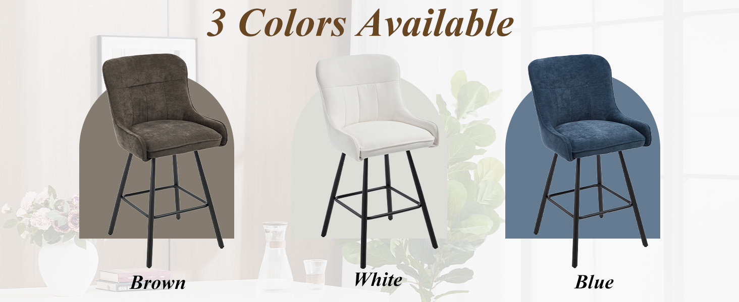 Text reads '3 Colors Available'. Display of three upholstered bar stools in brown, white, and blue, labeled as 'Brune', 'White', and 'Blue'.