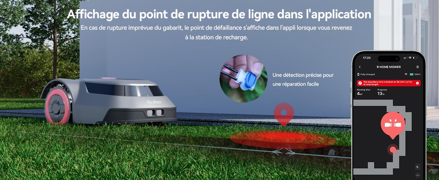 Robot Tondeuse Redkey MGC1000 - Pour Pelouse Jusqu'à 1000m² - Détection Rupture Câble - Montée 24° - Appli