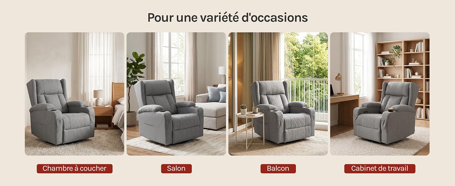 Le texte se lit comme suit : « Pour une variété d'occasions ». Quatre fauteuils inclinables rembourrés gris présentés dans différents décors intérieurs : chambre à coucher, salon, balcon et espace de travail de bureau avec des bannières rouges étiquetées en dessous de chacun.