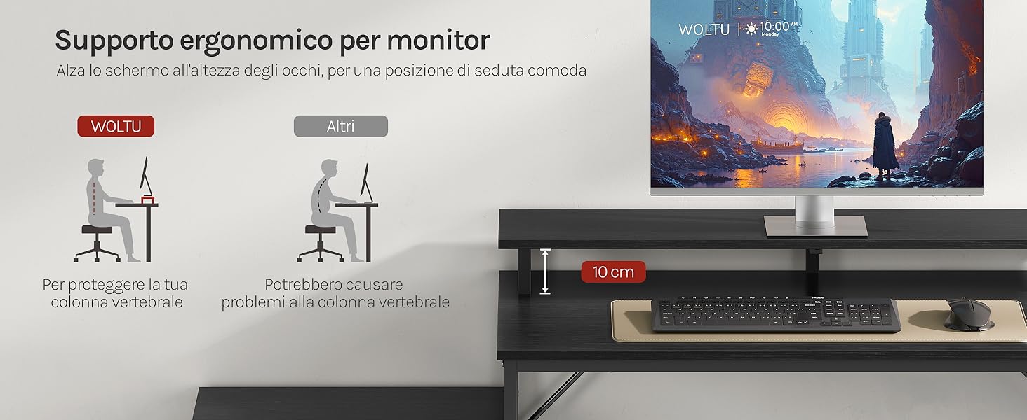 Il testo recita «Supports ergonomics par monitor». Viene visualizzato un supporto o un rialzo per più monitor con diverse opzioni di regolazione dell'altezza e foto di paesaggi visibili sugli schermi.