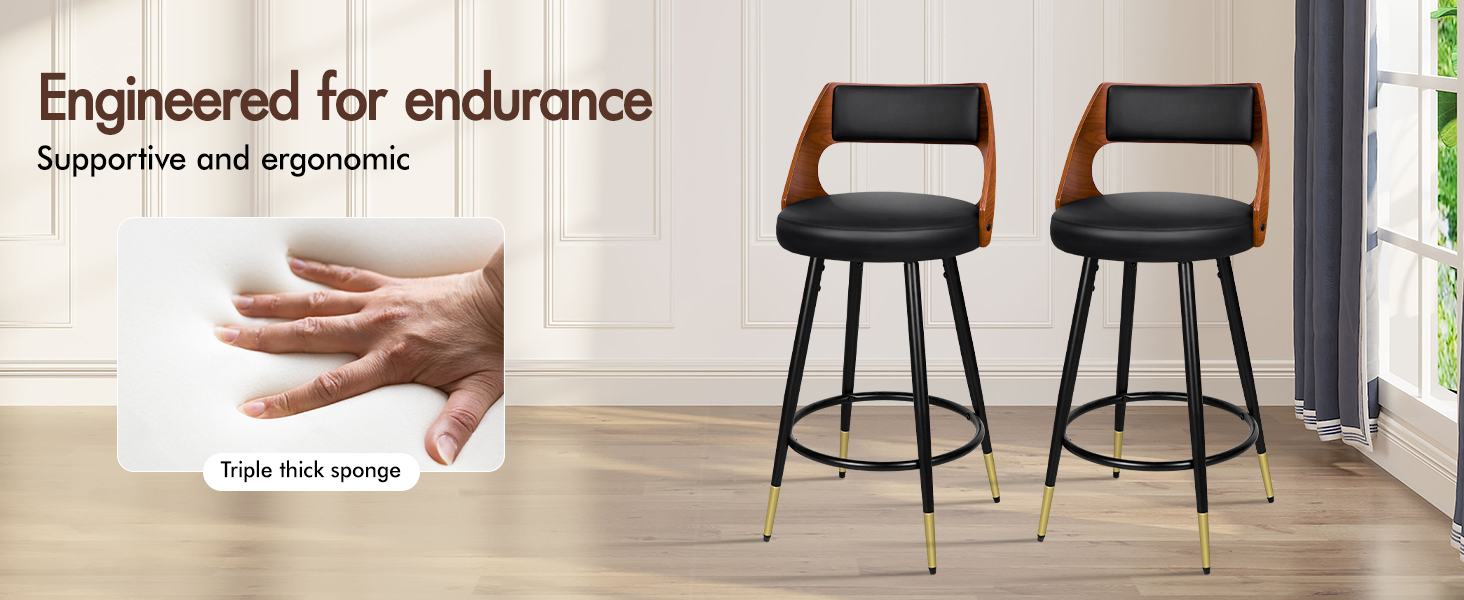 Text reads 'Engineered for endurance' and 'Supportive and ergonomic'. Modern black bar stools shown in minimalist interior setting with demonstration of ergonomic features.