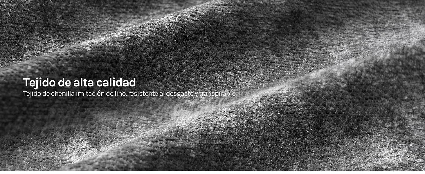 El texto dice «Tejido de alta calidad». Superficie de tela con textura gris con subtítulos en español que describen la composición de materiales de alta calidad.