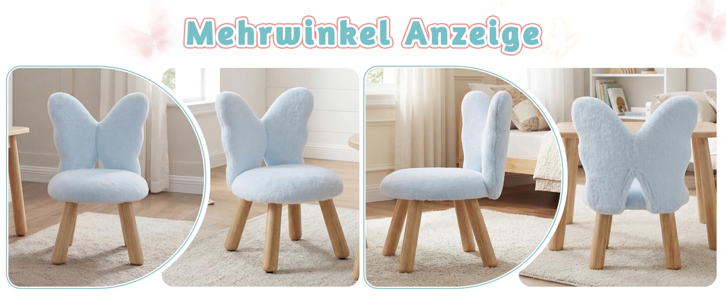 Der Text lautet „Mehrwinkel Anzeige“. Aufeinander folgende Bilder zeigen hellblaue Polsterstühle aus verschiedenen Blickwinkeln, die verschiedene Betrachtungsperspektiven demonstrieren.