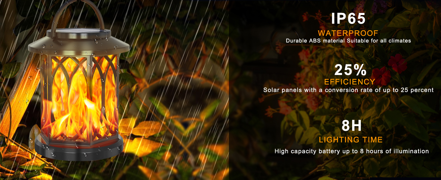 Outdoor lantern with flame-like light effect, showcasing waterproof IP65 rating, 25% LED efficiency, and 8-hour lighting time. Gothic-inspired design with metal frame and warm glow.