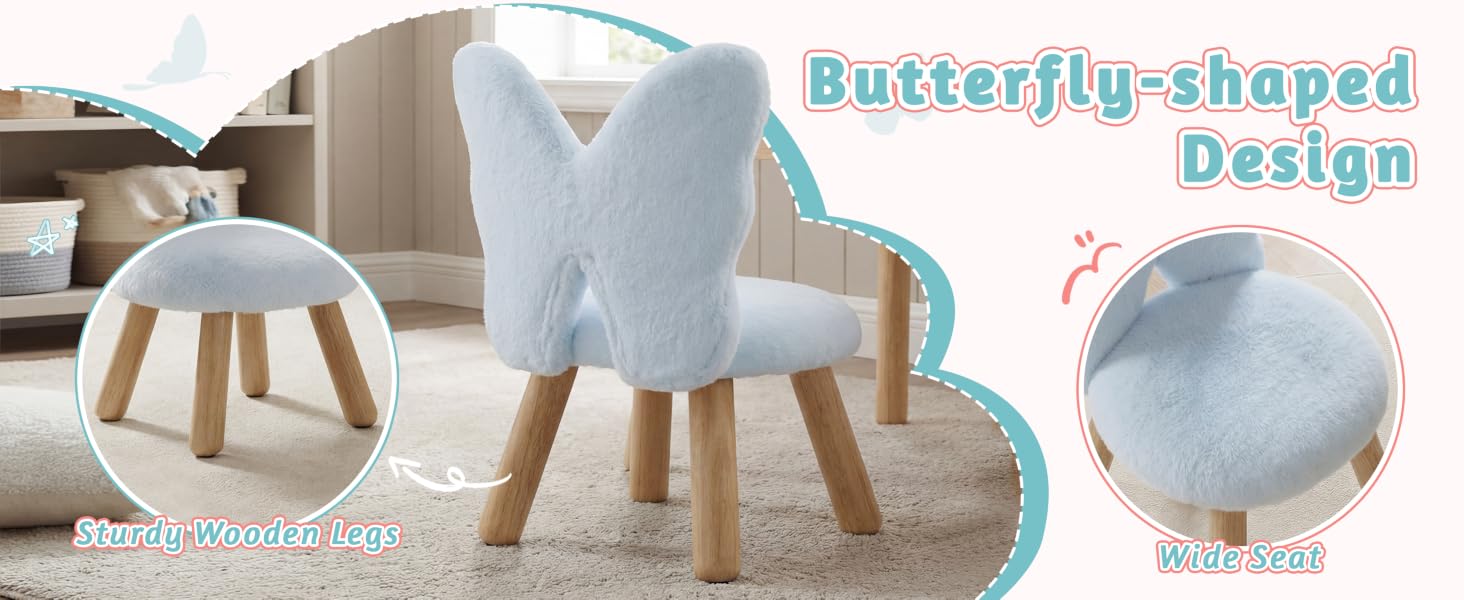 Text reads 'Butterfly-shaped Design'. Product showcase of light blue or turquoise-colored furniture or decor item shown from multiple angles.